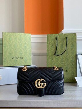 Gucci Black Leather GG Marmont Bag with Gold Chain
